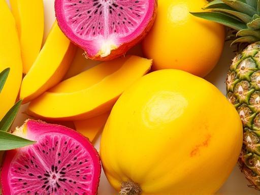 An enticing assortment of exotic fruits including vibrant mangoes, tropical pineapples, and unique dragon fruit