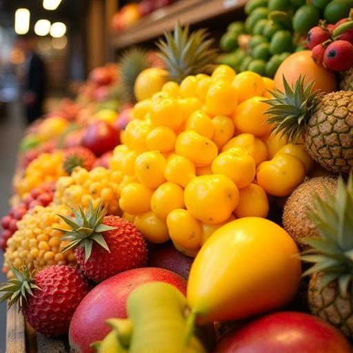 A diverse selection of exotic tropical fruits available in the Güneşli Meyveevi shop